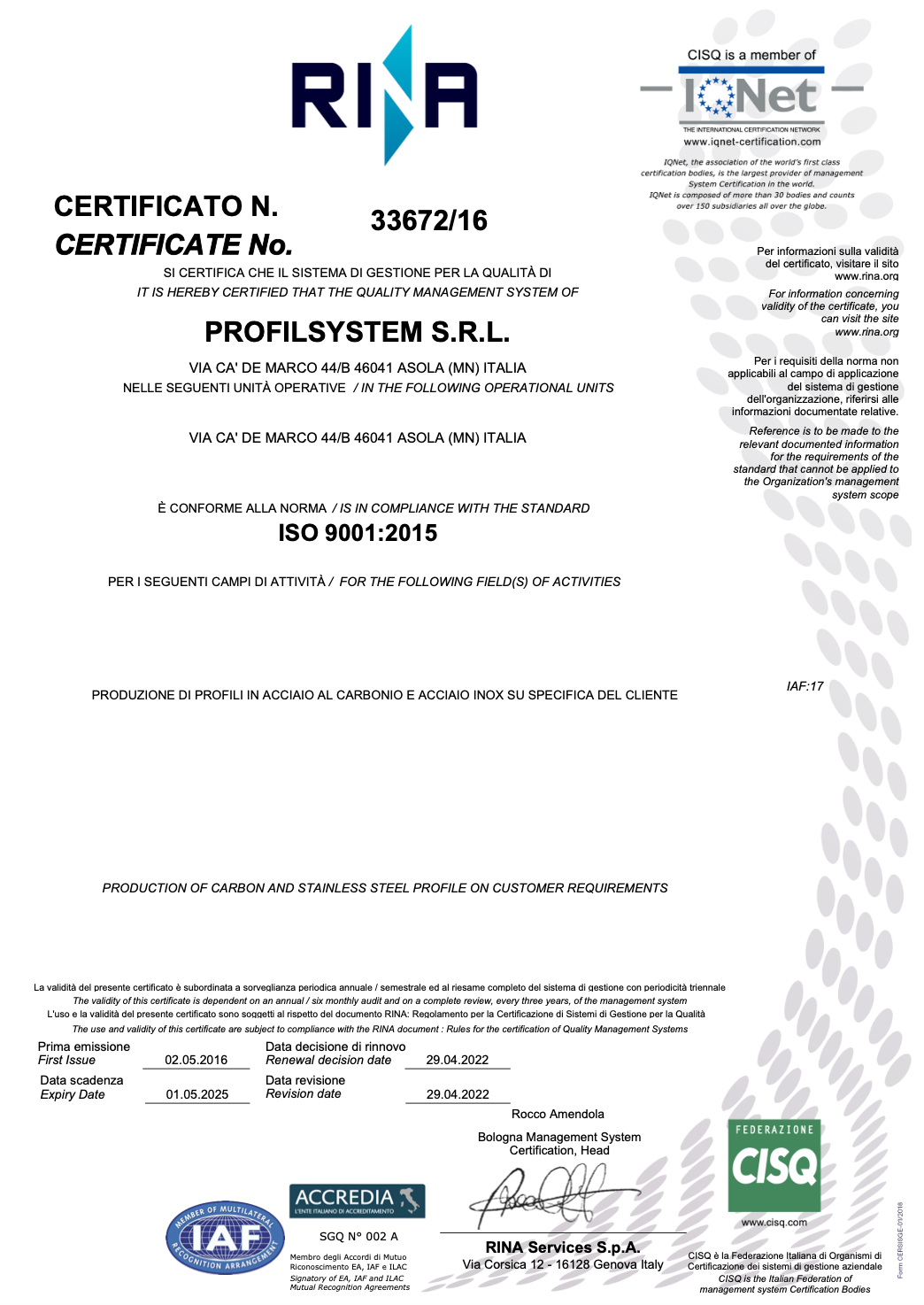 Certificate signed ISO 9001-2015